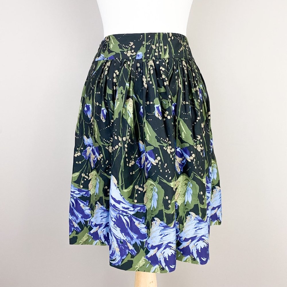 Ann Taylor Loft Black Blue Green Pleated A-Line Knee Length Skirt 6 - Picture 3 of 4